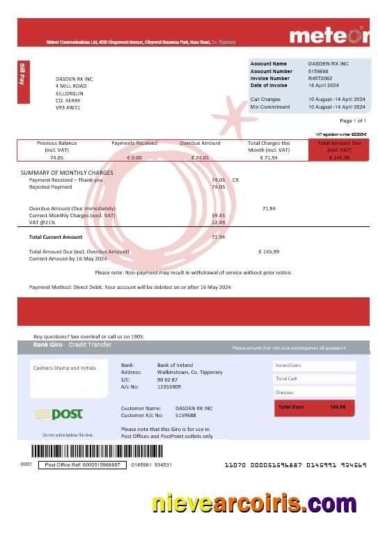 Ireland Meteor business utility bill